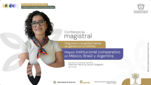 <span style="font-size: 18px">Conferencia Magistral "Diagnóstico de gobernanza de género en la UAEMéx. Mapeo institucional comparativo en México, Brasil y Argentina"</span><br><span style="font-size: 16px">impartida por la Dra. Martha Patricia Zarza Delgado, Rectora de la UAEMéx.</span>